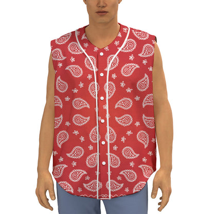 Red And White Bandana Print Sleeveless Baseball Jersey