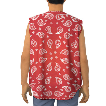 Red And White Bandana Print Sleeveless Baseball Jersey