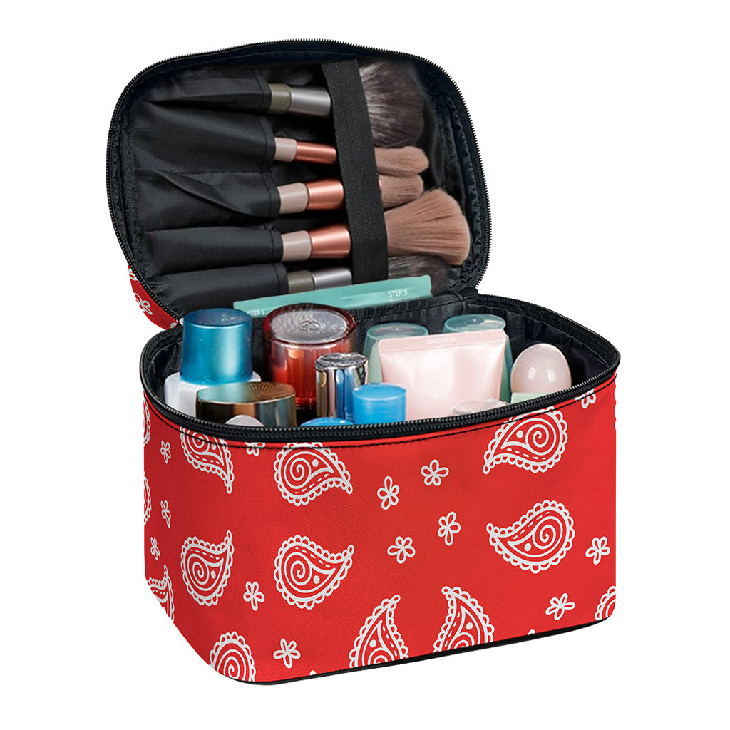 Red And White Bandana Print Travel Makeup Bag