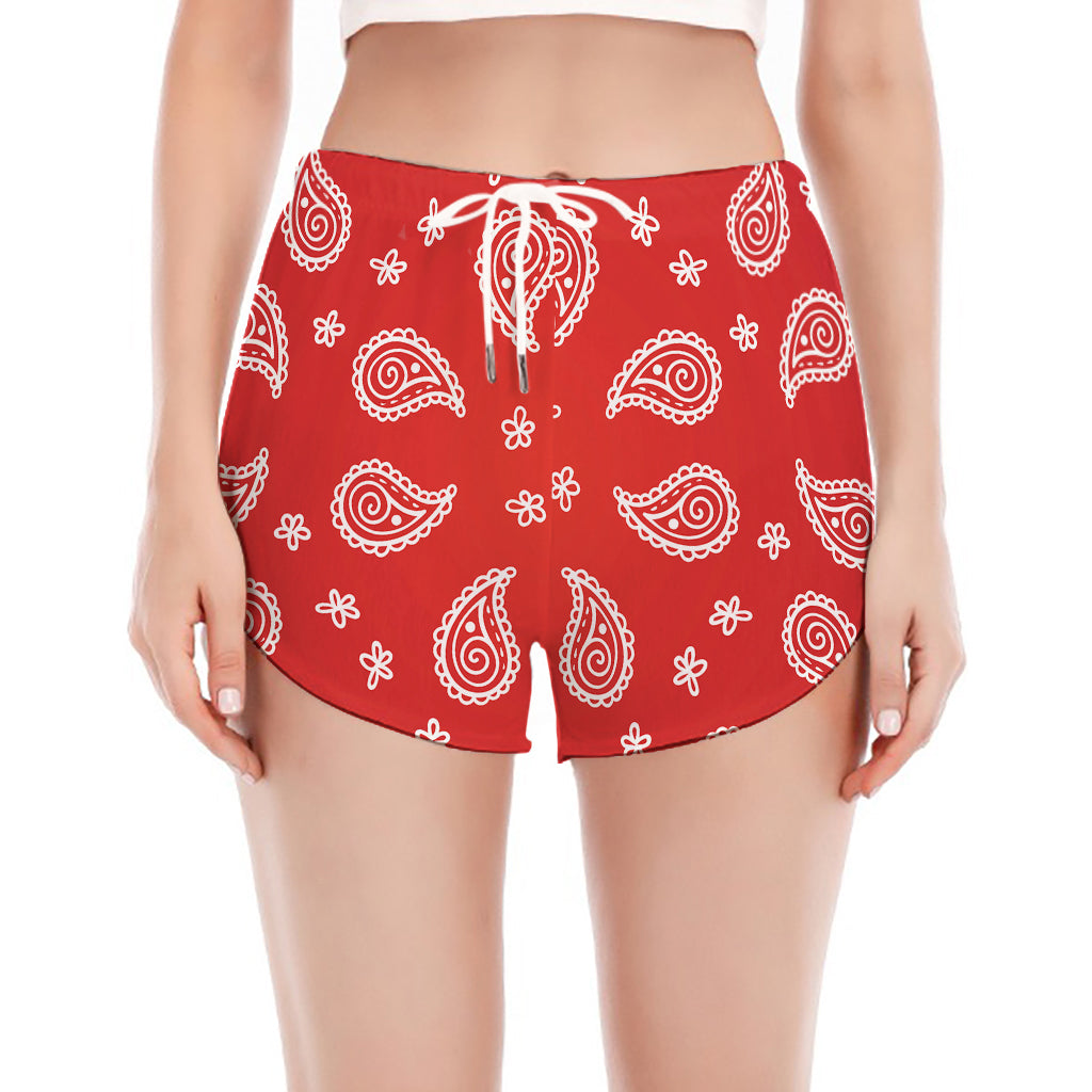 Red And White Bandana Print Women's Split Running Shorts