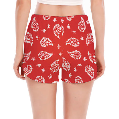 Red And White Bandana Print Women's Split Running Shorts
