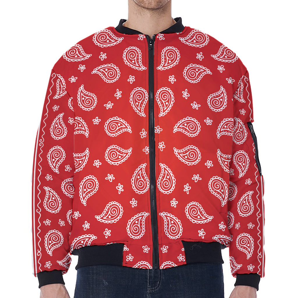 Red And White Bandana Print Zip Sleeve Bomber Jacket
