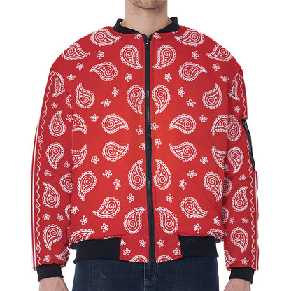 Red And White Bandana Print Zip Sleeve Bomber Jacket