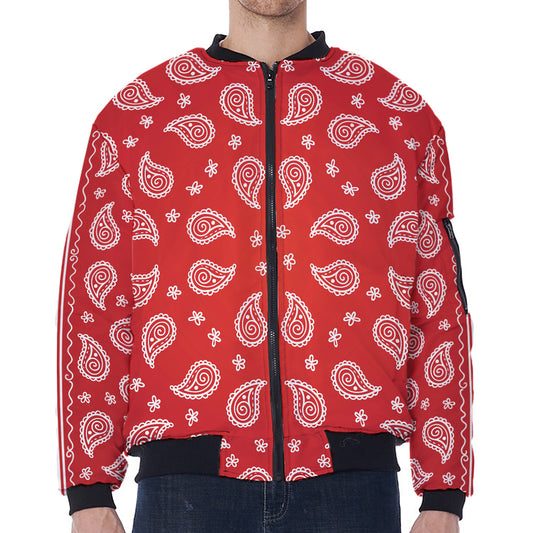 Red And White Bandana Print Zip Sleeve Bomber Jacket