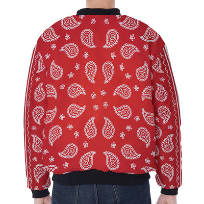 Red And White Bandana Print Zip Sleeve Bomber Jacket