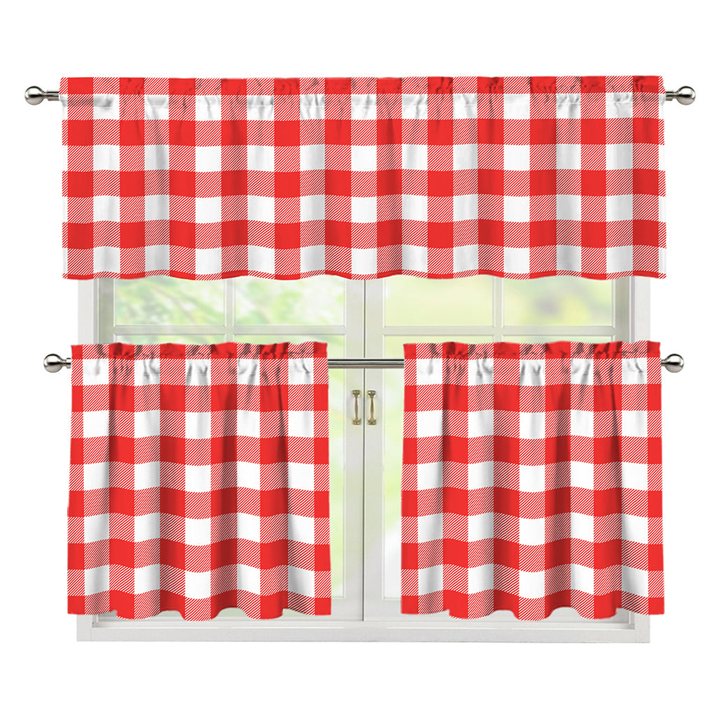 Red And White Buffalo Check Print 3 Piece Kitchen Curtains