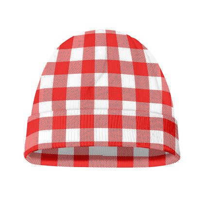 Red And White Buffalo Check Print Beanie