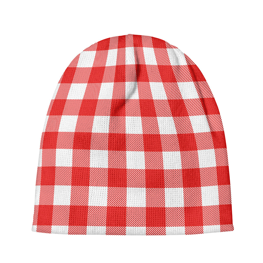 Red And White Buffalo Check Print Beanie