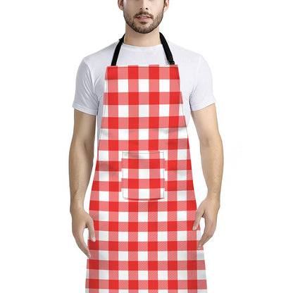 Red And White Buffalo Check Print Bib Apron With Pocket