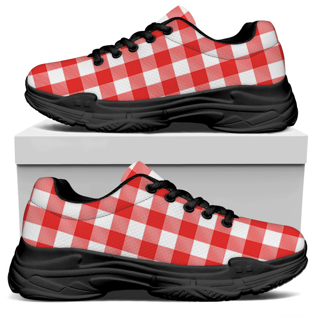 Red And White Buffalo Check Print Black Chunky Shoes