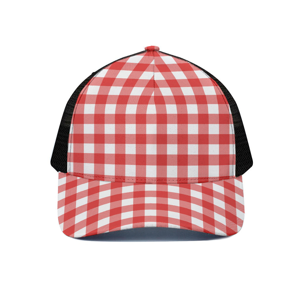 Red And White Buffalo Check Print Black Mesh Trucker Cap