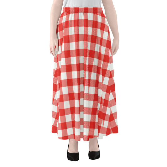 Red And White Buffalo Check Print Chiffon Maxi Skirt