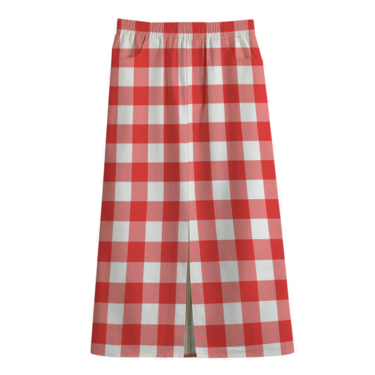 Red And White Buffalo Check Print Cotton Front Slit Maxi Skirt
