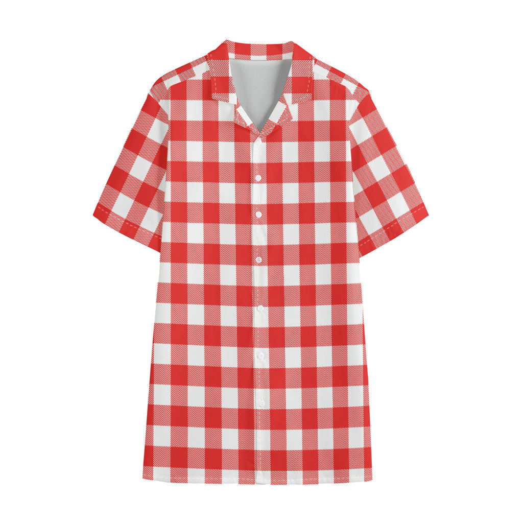 Red And White Buffalo Check Print Cotton Hawaiian Shirt