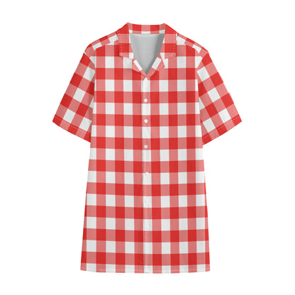 Red And White Buffalo Check Print Cotton Hawaiian Shirt