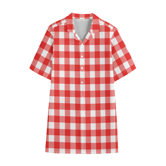 Red And White Buffalo Check Print Cotton Hawaiian Shirt