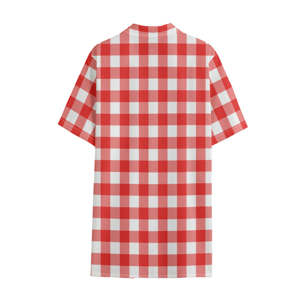 Red And White Buffalo Check Print Cotton Hawaiian Shirt