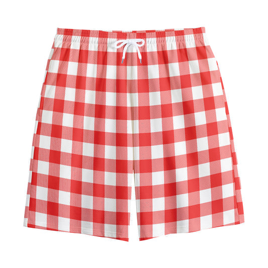 Red And White Buffalo Check Print Cotton Shorts