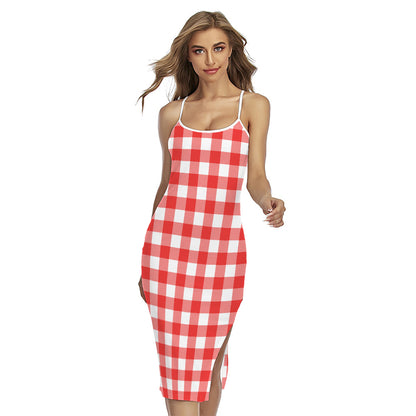 Red And White Buffalo Check Print Cross Back Cami Dress