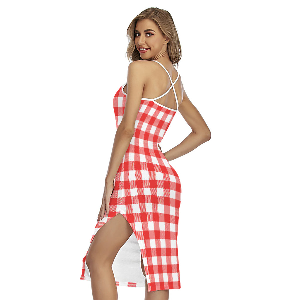 Red And White Buffalo Check Print Cross Back Cami Dress