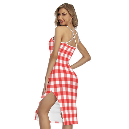 Red And White Buffalo Check Print Cross Back Cami Dress
