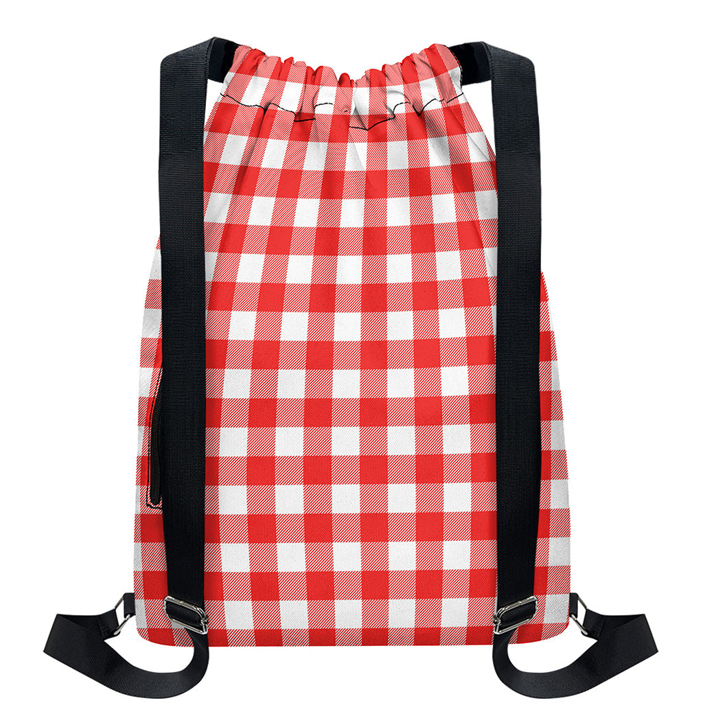 Red And White Buffalo Check Print Drawstring Backpack