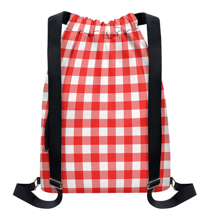 Red And White Buffalo Check Print Drawstring Backpack