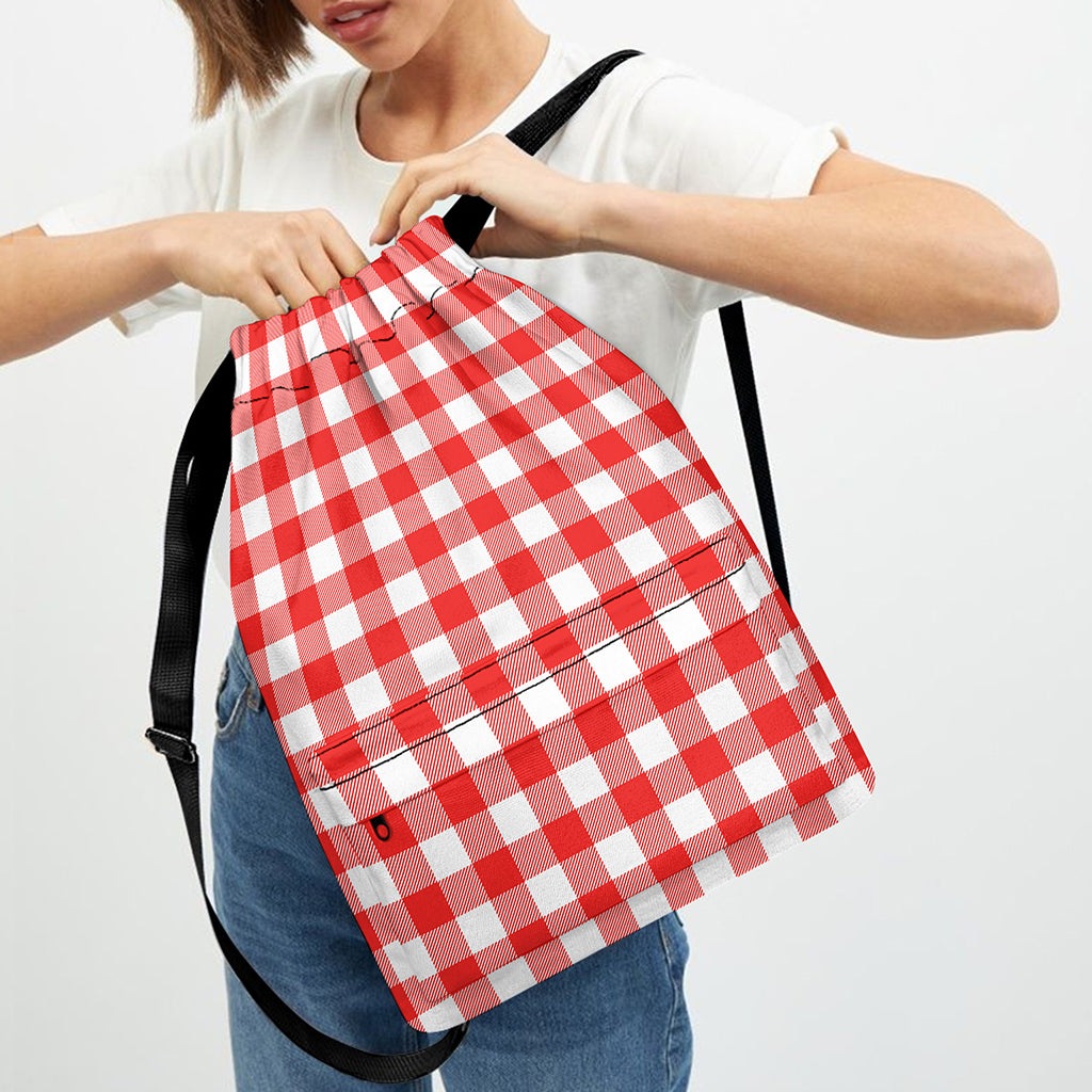 Red And White Buffalo Check Print Drawstring Backpack