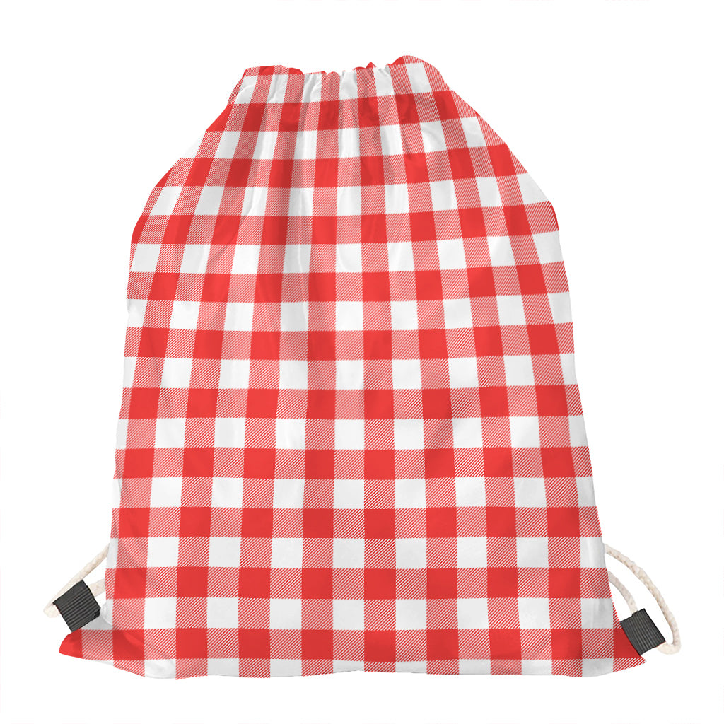 Red And White Buffalo Check Print Drawstring Bag