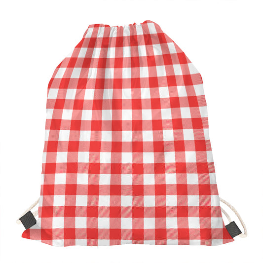 Red And White Buffalo Check Print Drawstring Bag