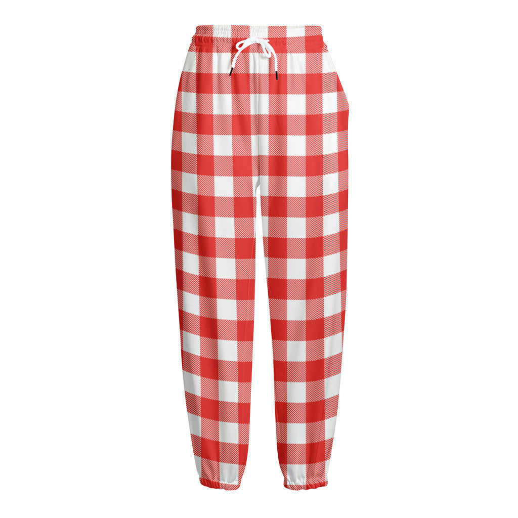 Red And White Buffalo Check Print Fleece Lined Knit Pants
