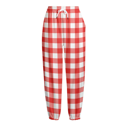 Red And White Buffalo Check Print Fleece Lined Knit Pants