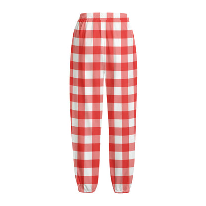 Red And White Buffalo Check Print Fleece Lined Knit Pants
