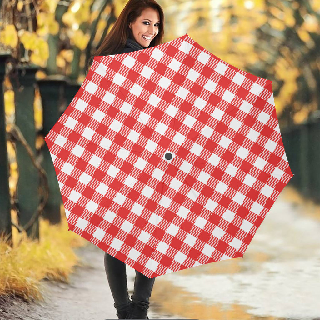 Red And White Buffalo Check Print Foldable Umbrella