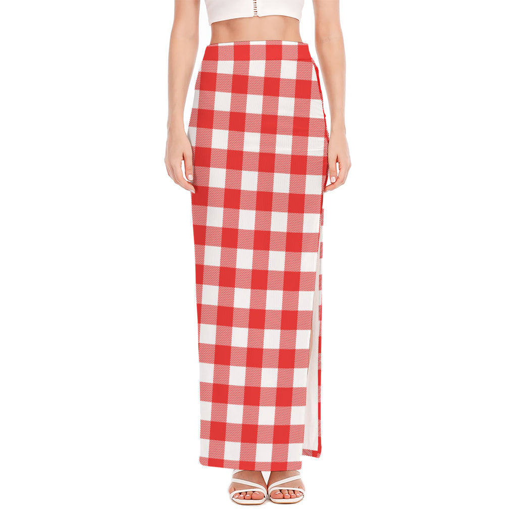 Red And White Buffalo Check Print High Slit Maxi Skirt