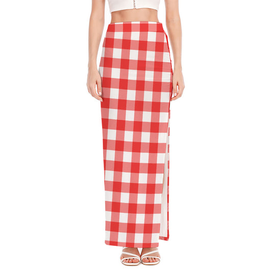 Red And White Buffalo Check Print High Slit Maxi Skirt