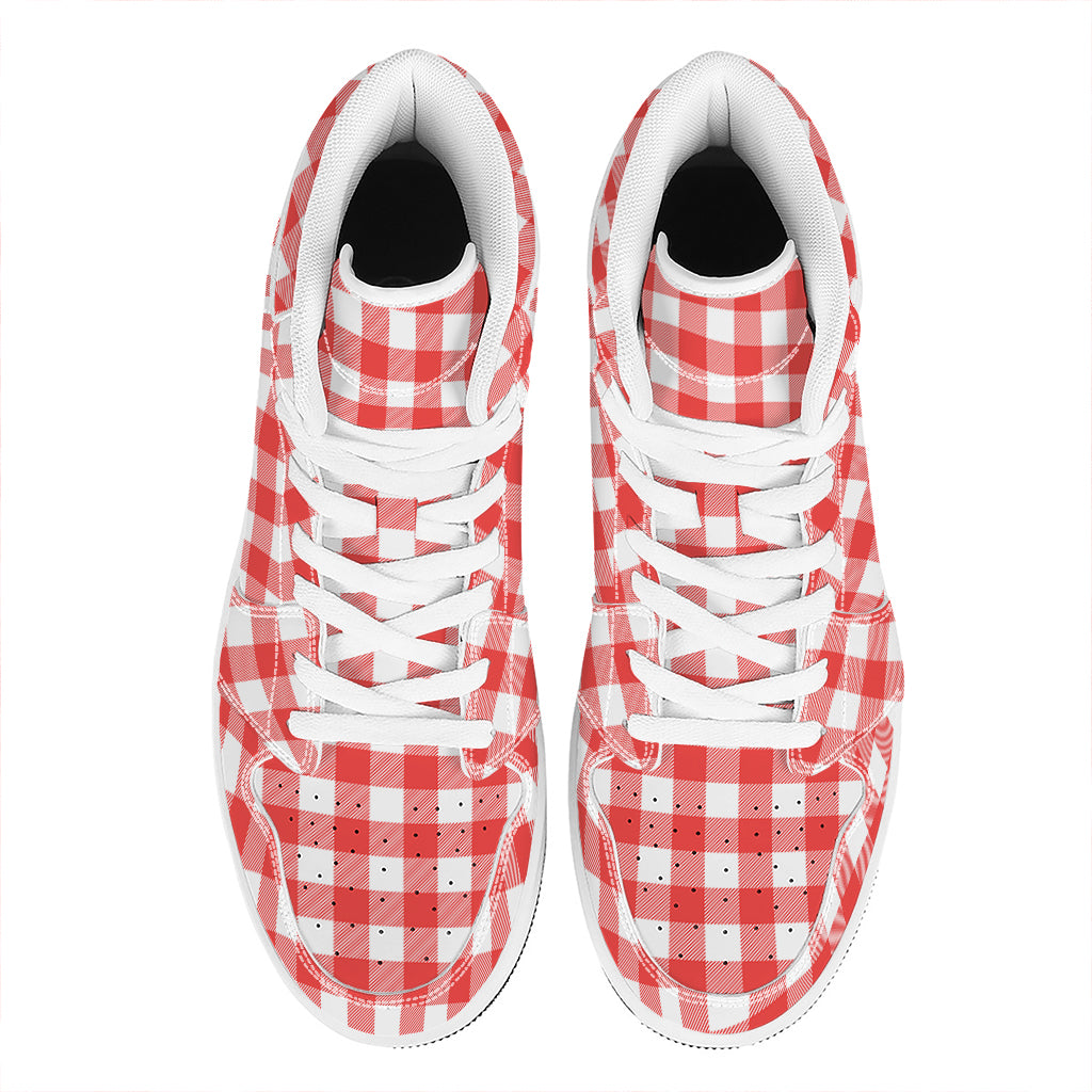 Red And White Buffalo Check Print High Top Leather Sneakers