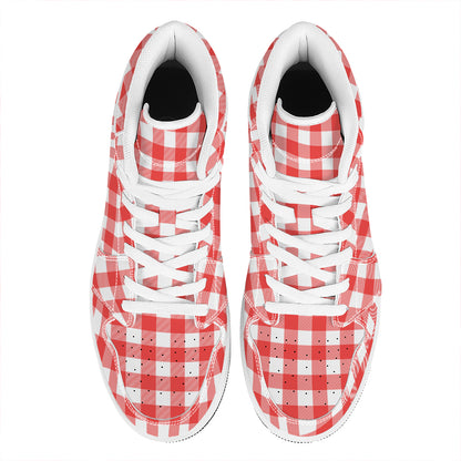 Red And White Buffalo Check Print High Top Leather Sneakers