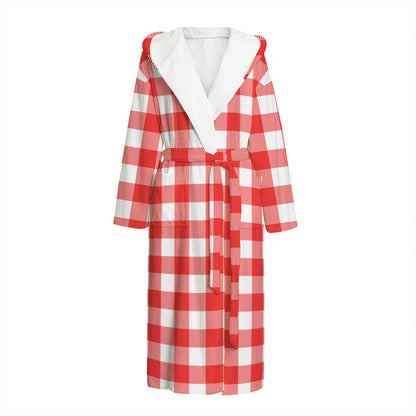 Red And White Buffalo Check Print Hooded Bathrobe