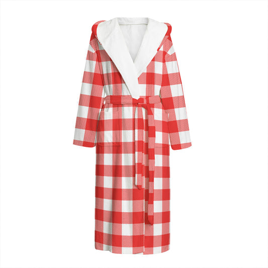 Red And White Buffalo Check Print Hooded Bathrobe