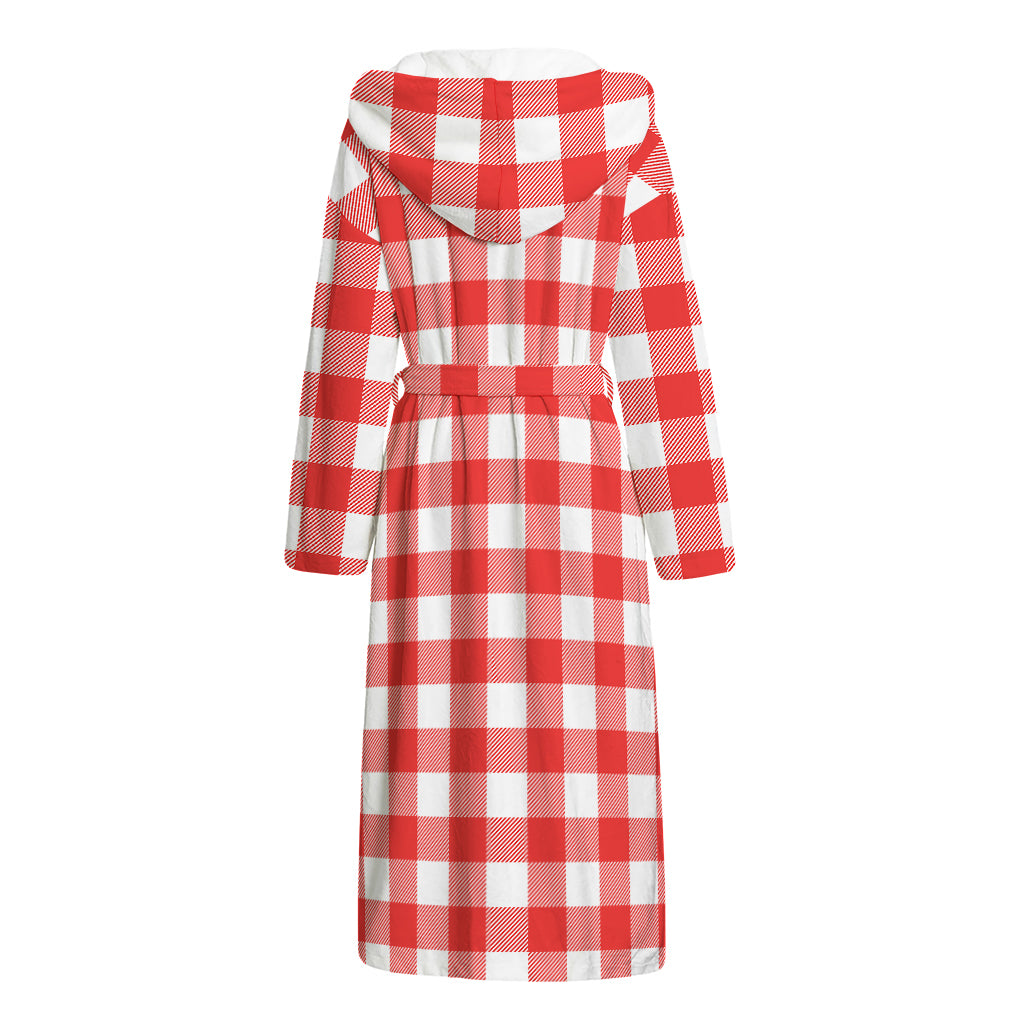Red And White Buffalo Check Print Hooded Bathrobe