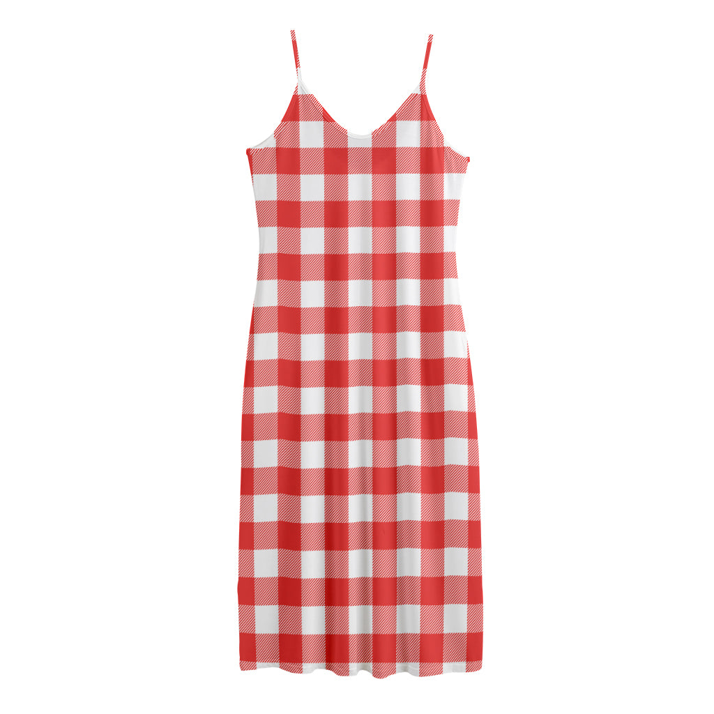 Red And White Buffalo Check Print Jersey Midi Cami Dress
