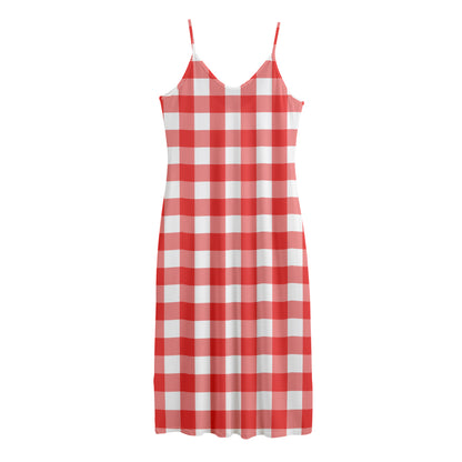 Red And White Buffalo Check Print Jersey Midi Cami Dress