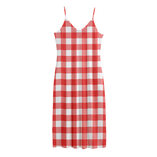Red And White Buffalo Check Print Jersey Midi Cami Dress
