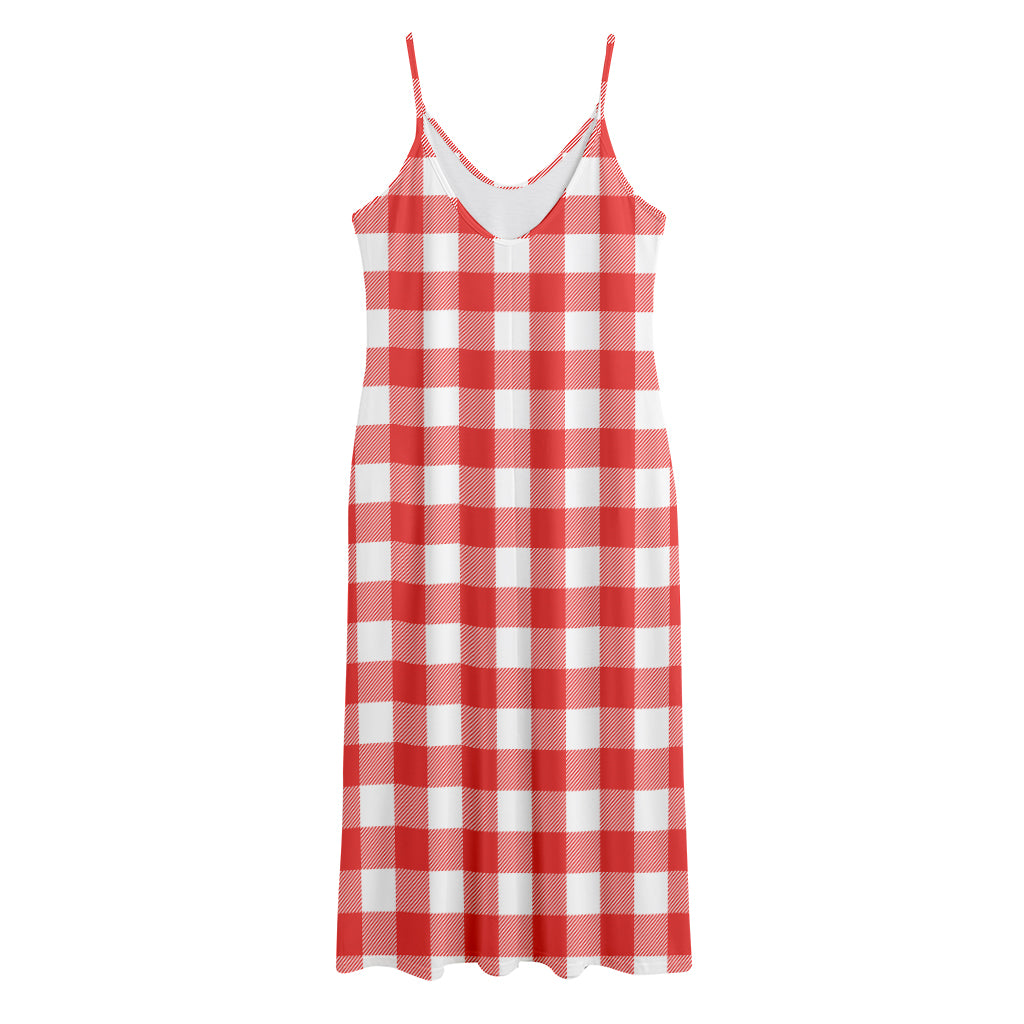 Red And White Buffalo Check Print Jersey Midi Cami Dress