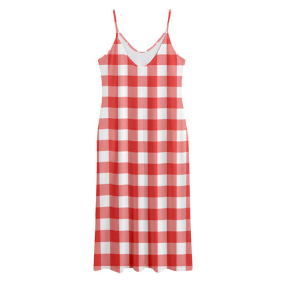 Red And White Buffalo Check Print Jersey Midi Cami Dress