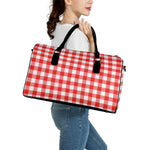 Red And White Buffalo Check Print Leather Duffle Bag