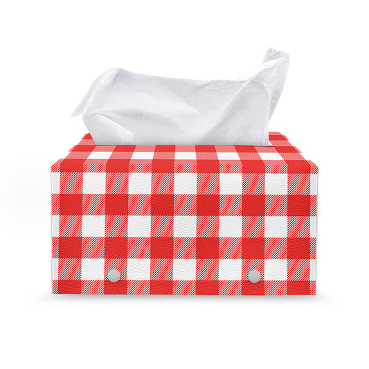 Red And White Buffalo Check Print Leather Tissue Box Cover