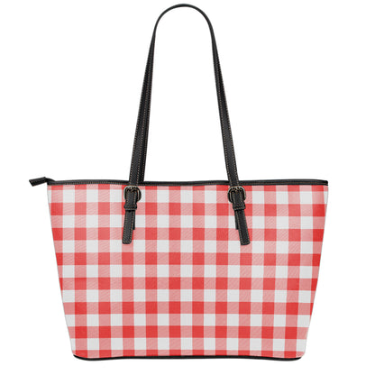 Red And White Buffalo Check Print Leather Tote Bag