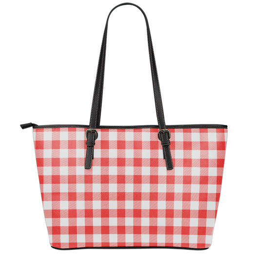 Red And White Buffalo Check Print Leather Tote Bag